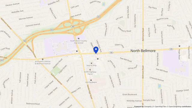 Map showing the location of Belair Care Center at 2478 Jerusalem Avenue, North Bellmore, NY 11710, served by DachiPlus medical transportation.