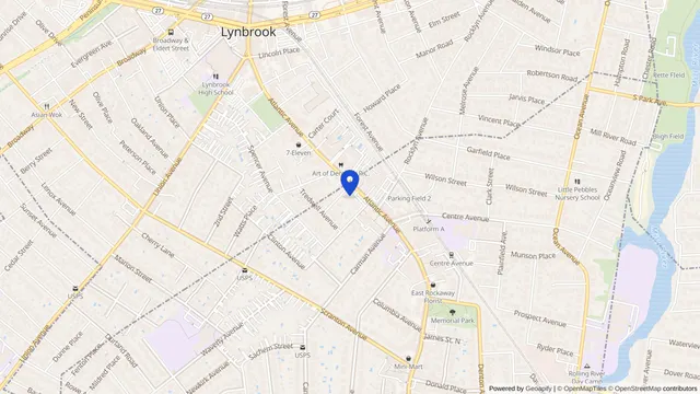 Map showing the location of East Rockaway Progressive Care at 243 Atlantic Avenue, Lynbrook, NY 11563, served by DachiPlus medical transportation.