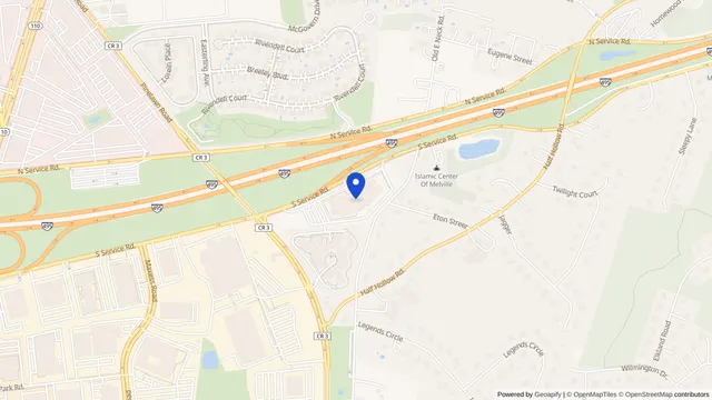 Map showing the location of Huntington Hills Adult Day Health Care at 400 South Service Rd, Melville, NY 11747, served by DachiPlus medical transportation.