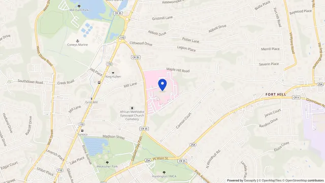 Map showing the location of Huntington Hospital at 270 Park Ave, Huntington, NY 11743, served by DachiPlus medical transportation.