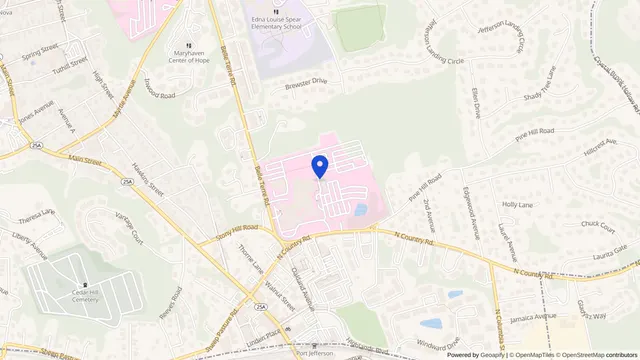 Map showing the location of Mather Hospital at 75 N Country Rd, Port Jefferson, NY 11777, served by DachiPlus medical transportation.
