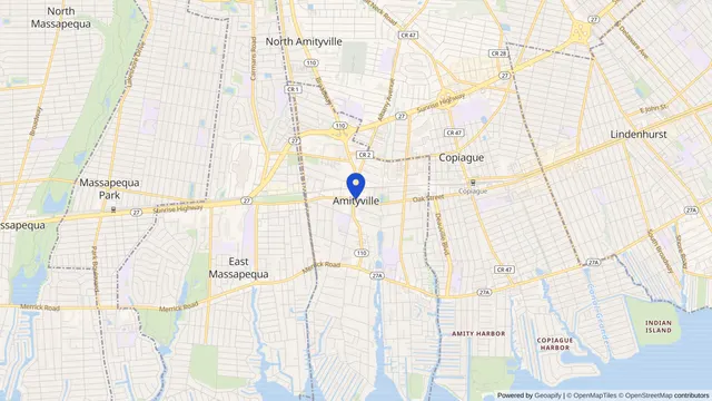 Map showing the location of Amityville at Amityville, Suffolk County, NY, served by DachiPlus medical transportation.