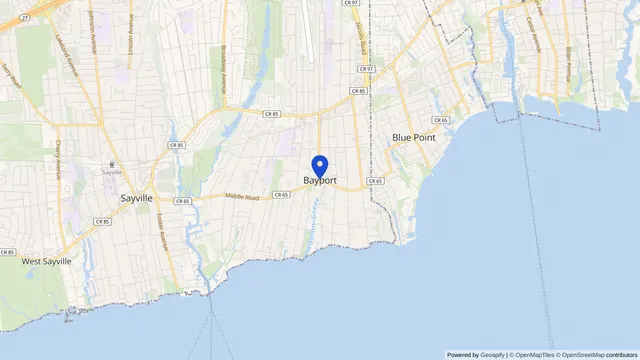 Map showing the location of Bayport at Bayport, Suffolk County, NY, served by DachiPlus medical transportation.