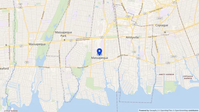 Map showing the location of East Massapequa at East Massapequa, Nassau County, NY, served by DachiPlus medical transportation.