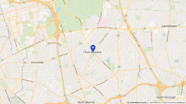 Map showing the location of East Meadow at East Meadow, Nassau County, NY, served by DachiPlus medical transportation.