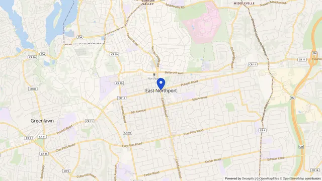 Map showing the location of East Northport at East Northport, Suffolk County, NY, served by DachiPlus medical transportation.