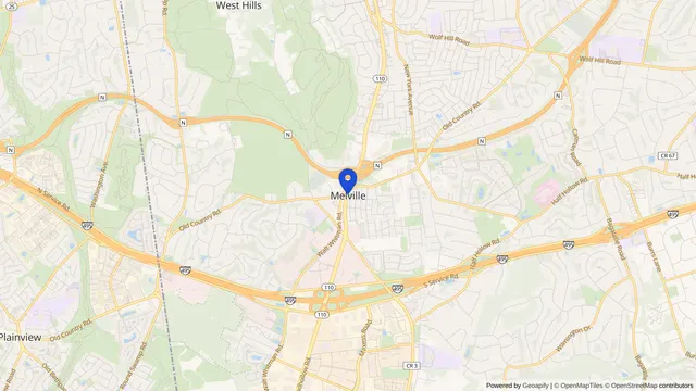 Map showing the location of Melville at Melville, Suffolk County, NY, served by DachiPlus medical transportation.