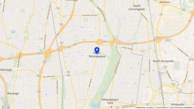 Map showing the location of North Massapequa at North Massapequa, Nassau County, NY, served by DachiPlus medical transportation.