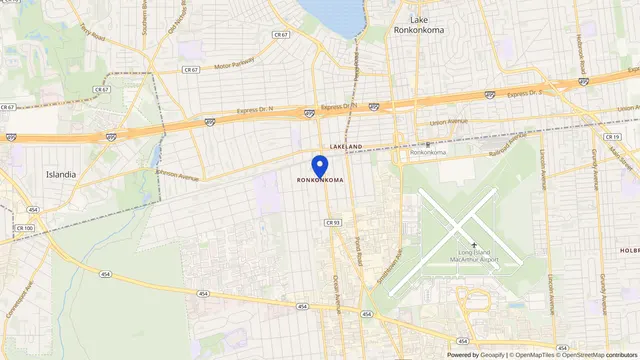 Map showing the location of Ronkonkoma at Ronkonkoma, Suffolk County, NY, served by DachiPlus medical transportation.