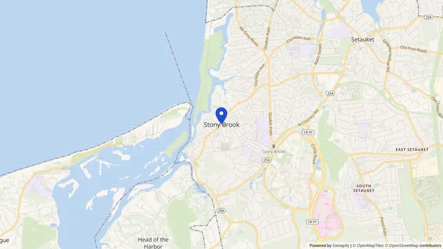 Map showing the location of Stony Brook at Stony Brook, Suffolk County, NY, served by DachiPlus medical transportation.