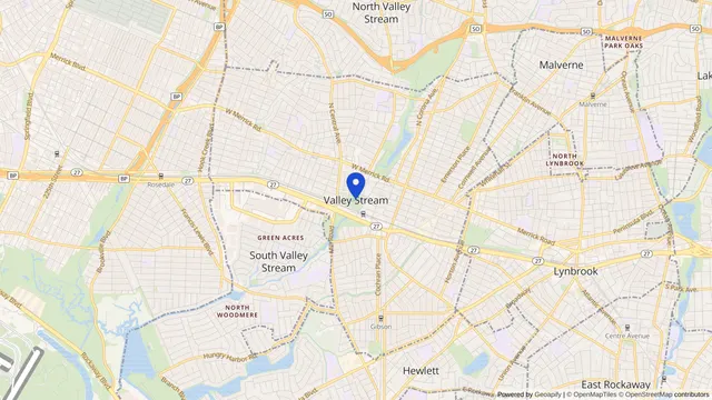 Map showing the location of Valley Stream at Valley Stream, Nassau County, NY, served by DachiPlus medical transportation.