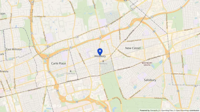 Map showing the location of Westbury at Westbury, Nassau County, NY, served by DachiPlus medical transportation.