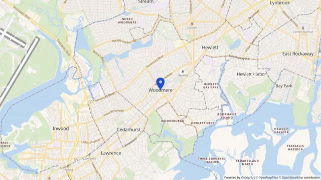 Map showing the location of Woodmere at Woodmere, Nassau County, NY, served by DachiPlus medical transportation.
